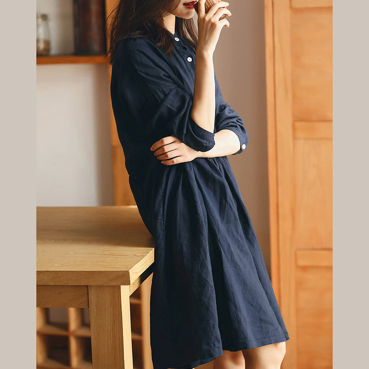 New dark blue linen knee dress plus size traveling dress vintage long sleeve baggy dresses Stand Cinched linen dresses