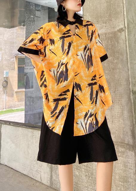 New female plus size casual yellow printed shirt + five-point pants two-piece suit - bagstylebliss