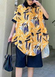 New female plus size casual yellow printed shirt + five-point pants two-piece suit - bagstylebliss