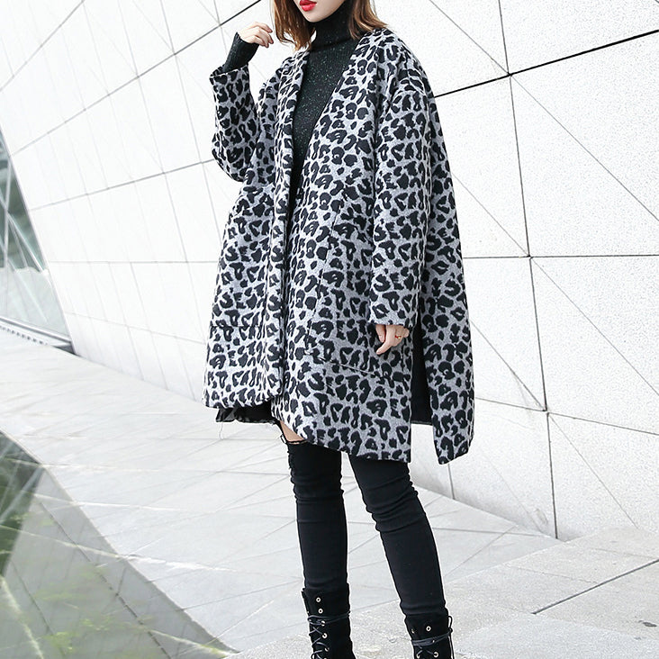 New gray Leopard Coats plus size v neck pockets Winter coat 2024 side open coat