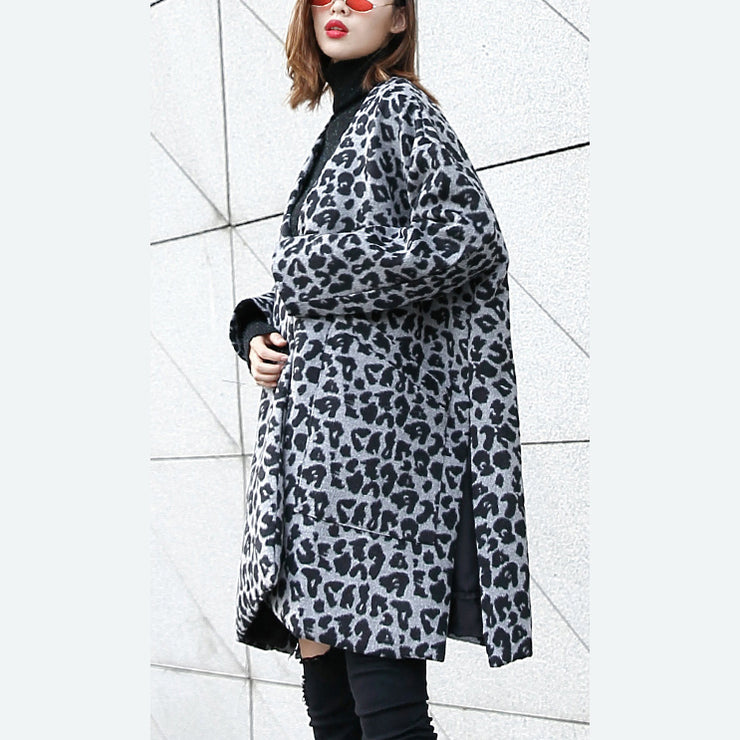 New gray Leopard Coats plus size v neck pockets Winter coat 2024 side open coat