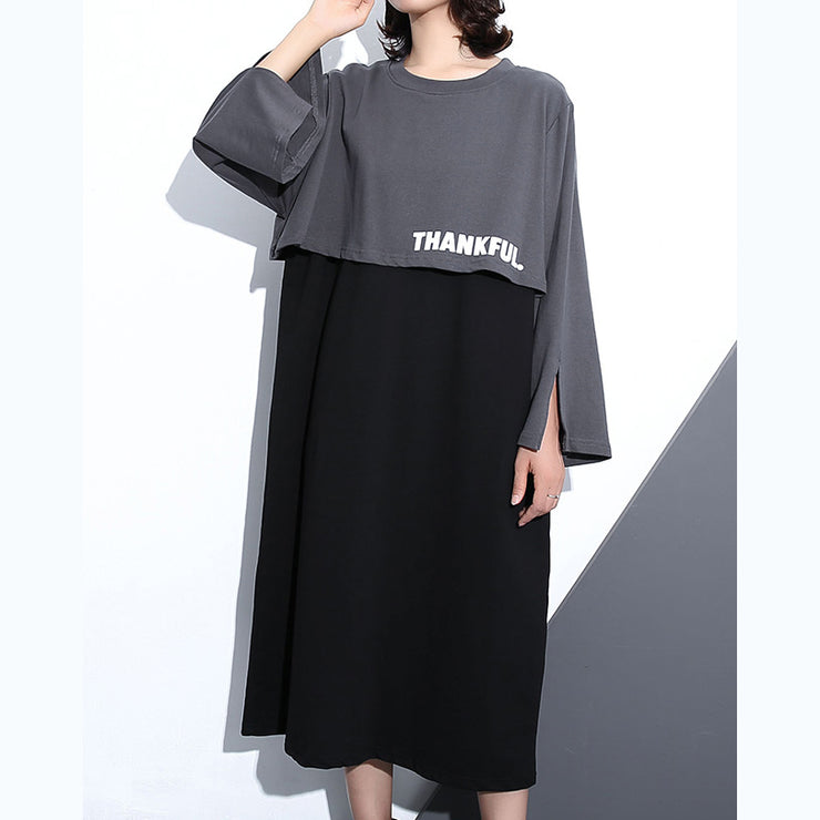 New gray fall dress trendy plus size O neck cotton clothing dresses Elegant faux two pieces maxi dresses