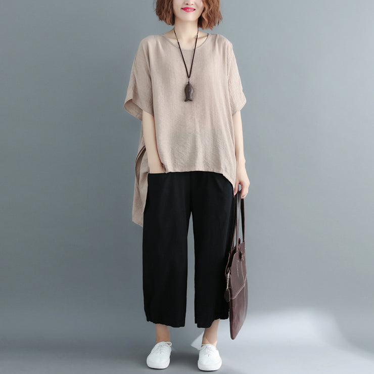 New khaki Midi-length cotton linen t shirt Loose fitting casual cardigans 2018 short sleeve o neck linen blouses