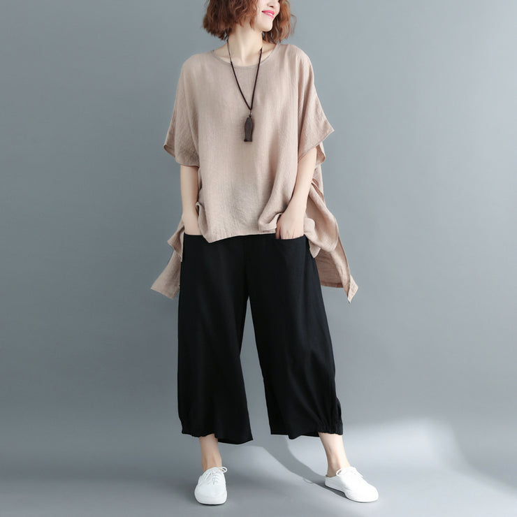 New khaki Midi-length cotton linen t shirt Loose fitting casual cardigans 2018 short sleeve o neck linen blouses