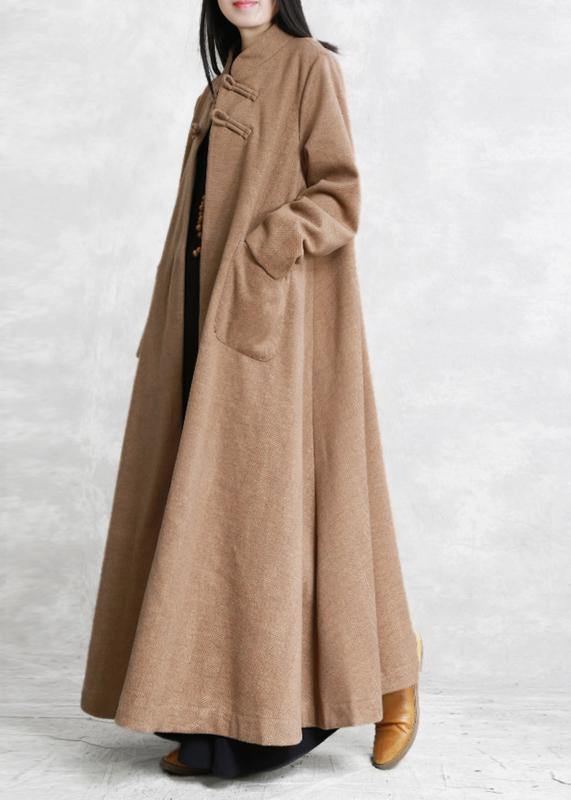 New khaki wool overcoat plus size stand collar Chinese Button long jackets outwear - bagstylebliss