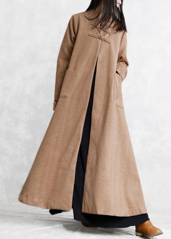 New khaki wool overcoat plus size stand collar Chinese Button long jackets outwear - bagstylebliss