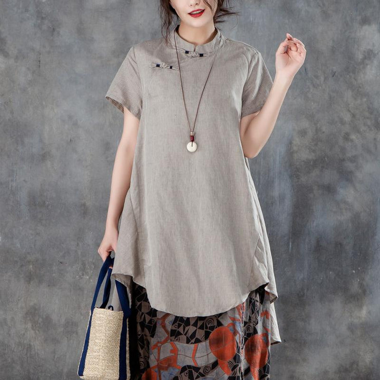 New linen tops casual Stand Collar Short Sleeve Irregular Women Khaki Tops