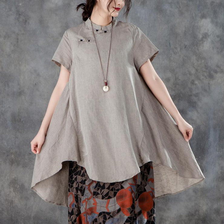 New linen tops casual Stand Collar Short Sleeve Irregular Women Khaki Tops