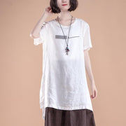 New linen tops plus size clothing Short Sleeve Slit Summer Casual White Women Tops