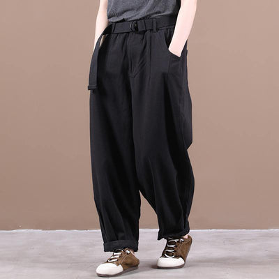 New loose large size literary belt pure black casual pants women - bagstylebliss