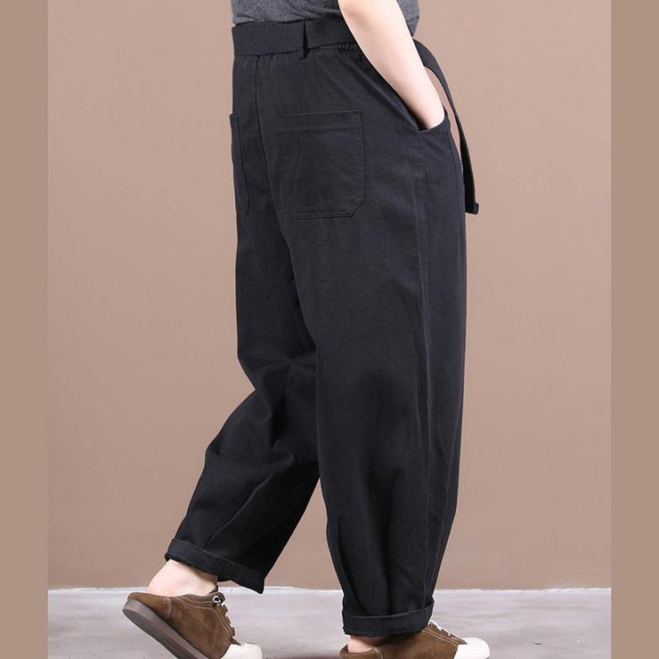 New loose large size literary belt pure black casual pants women - bagstylebliss