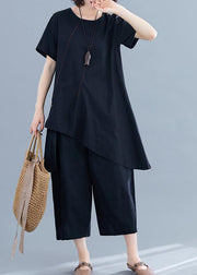 New loose women's fashion black cotton and linen irregular shirt + pants casual suit - bagstylebliss