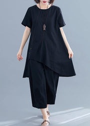 New loose women's fashion black cotton and linen irregular shirt + pants casual suit - bagstylebliss
