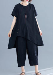 New loose women's fashion black cotton and linen irregular shirt + pants casual suit - bagstylebliss