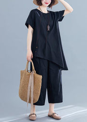 New loose women's fashion black cotton and linen irregular shirt + pants casual suit - bagstylebliss