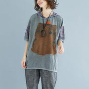 New natural linen t shirt oversized Plaid Summer Short Sleeve High-low Hem Gray Hooded Blouse