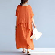 New orange long linen dresses plus size clothing layered cotton dresses New short sleeve linen cotton dress