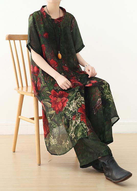 New original silk printed large size long coat loose wide leg pants green two-piece - bagstylebliss
