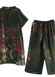 New original silk printed large size long coat loose wide leg pants green two-piece - bagstylebliss