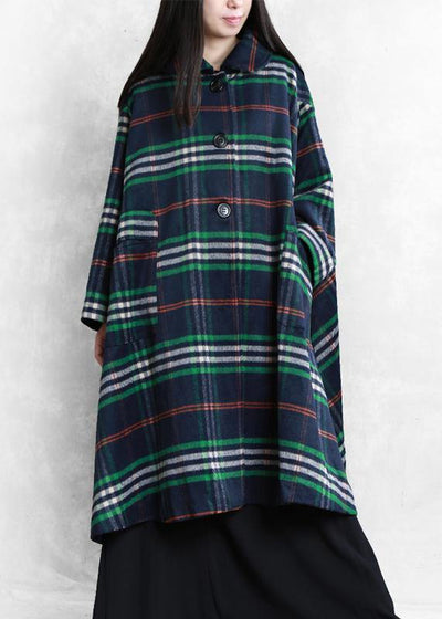 New oversized Winter coat fall coat blue plaid Peter pan Collar woolen overcoat - bagstylebliss