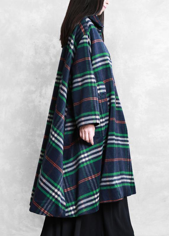 New oversized Winter coat fall coat blue plaid Peter pan Collar woolen overcoat - bagstylebliss