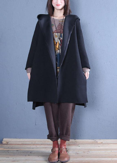 New oversized medium length coat fall black hooded Coats - bagstylebliss