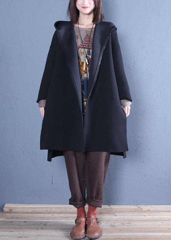 New oversized medium length coat fall black hooded Coats - bagstylebliss