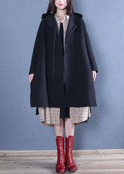 New oversized medium length coat fall black hooded Coats - bagstylebliss