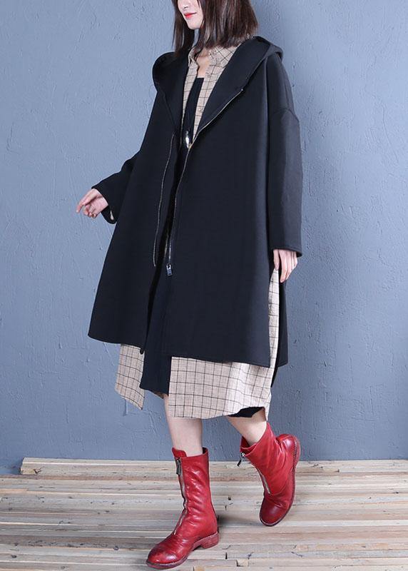 New oversized medium length coat fall black hooded Coats - bagstylebliss