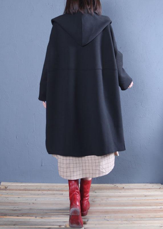 New oversized medium length coat fall black hooded Coats - bagstylebliss