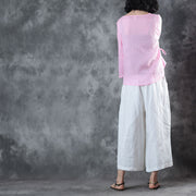 New pink natural linen t shirt oversize linen maxi t shirts Fine half sleeve v neck tie waist tops