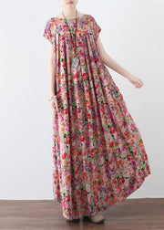 Neue rosa bedruckte Leinenkaftane lässiges Leinen-Maxikleid mit großem Saum Vintage-Kurzarm-Maxikleider