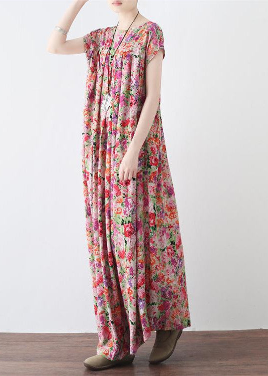 Neue rosa bedruckte Leinenkaftane lässiges Leinen-Maxikleid mit großem Saum Vintage-Kurzarm-Maxikleider