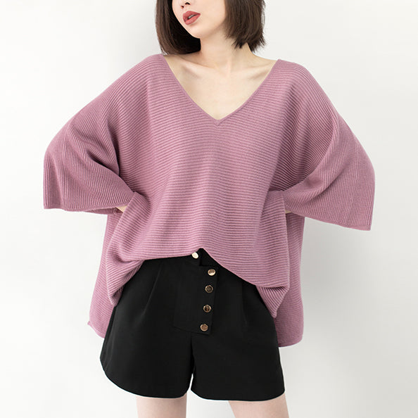 New pink sweater Loose fitting V neck knit sweat tops casual Batwing Sleeve top