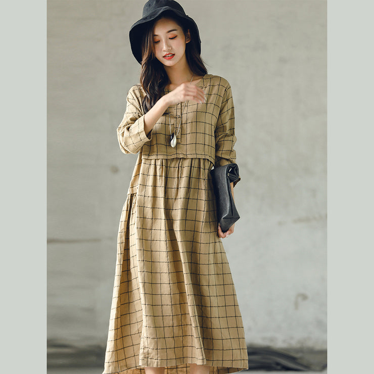 New plaid 2018 fall dress plus size O neck baggy caftans casual large hem linen dresses