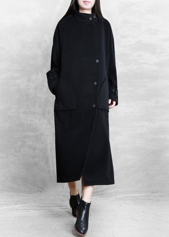 New plus size long winter coat black pockets Button Down Woolen Coats Women - bagstylebliss