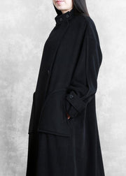 New plus size long winter coat black pockets Button Down Woolen Coats Women - bagstylebliss