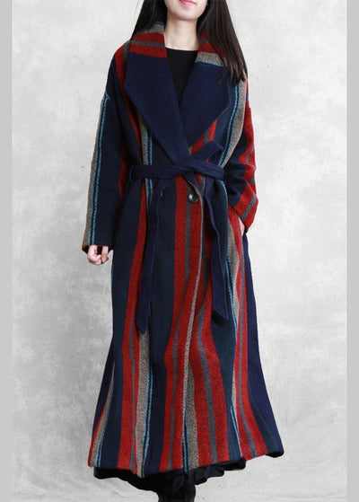 New plus size maxi coat blue red striped Notched tie waist Wool jackets - bagstylebliss