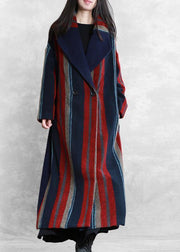 New plus size maxi coat blue red striped Notched tie waist Wool jackets - bagstylebliss