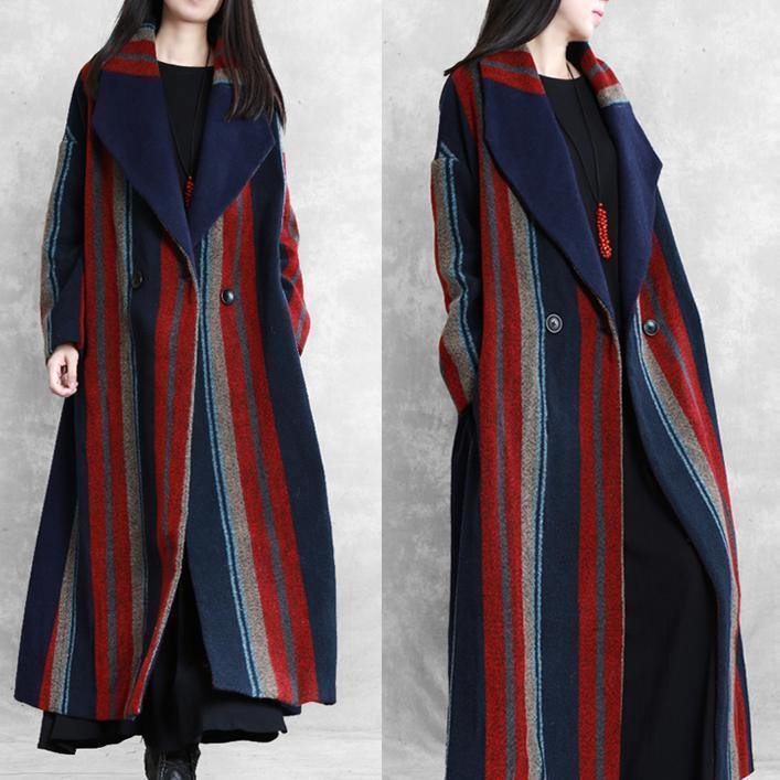 New plus size maxi coat blue red striped Notched tie waist Wool jackets - bagstylebliss