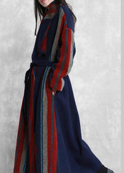 New plus size maxi coat blue red striped Notched tie waist Wool jackets - bagstylebliss