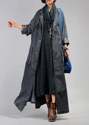 New plus size maxi coat fall denim black Notched Large pockets coat for woman - bagstylebliss