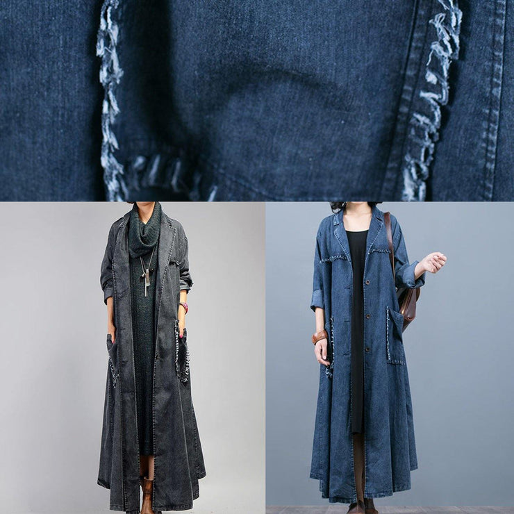 New plus size maxi coat fall denim black Notched Large pockets coat for woman - bagstylebliss