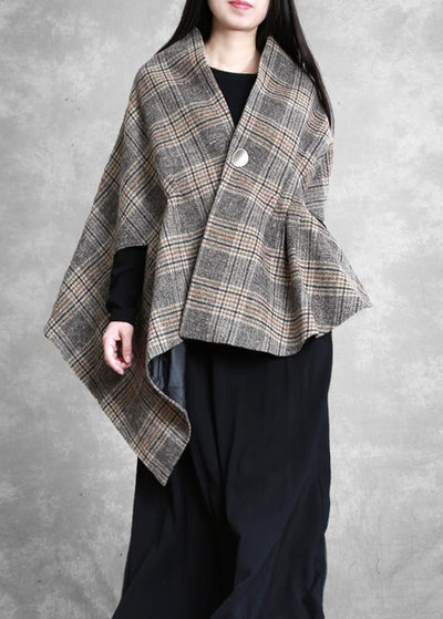 New plus size medium length coat outwear khaki plaid asymmetric Batwing Sleeve Woolen Coats - bagstylebliss