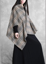 New plus size medium length coat outwear khaki plaid asymmetric Batwing Sleeve Woolen Coats - bagstylebliss