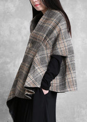 New plus size medium length coat outwear khaki plaid asymmetric Batwing Sleeve Woolen Coats - bagstylebliss