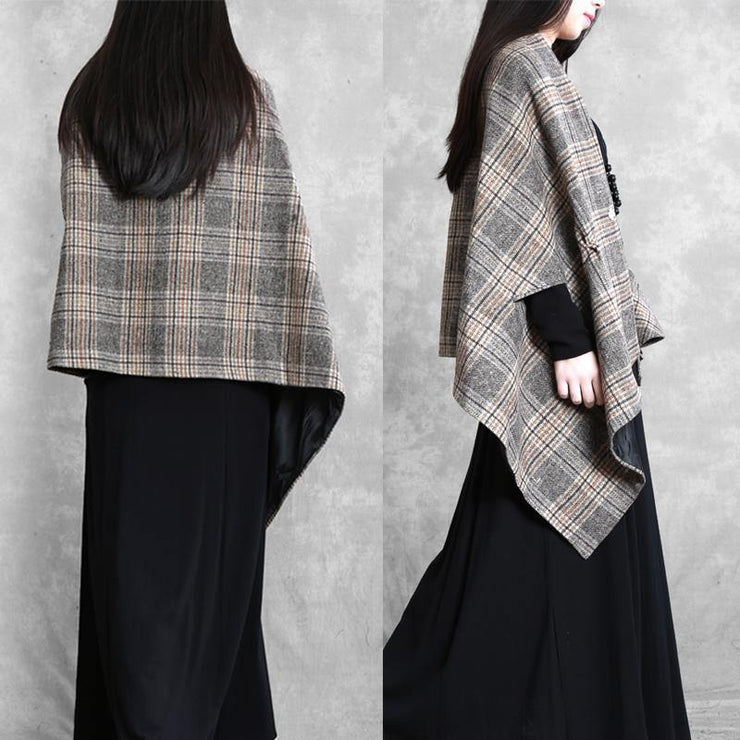 New plus size medium length coat outwear khaki plaid asymmetric Batwing Sleeve Woolen Coats - bagstylebliss