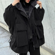 New plus size warm winter coat black hooded faux fur collar casual outfit - bagstylebliss