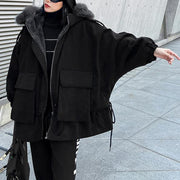 New plus size warm winter coat black hooded faux fur collar casual outfit - bagstylebliss