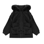 New plus size warm winter coat black hooded faux fur collar casual outfit - bagstylebliss